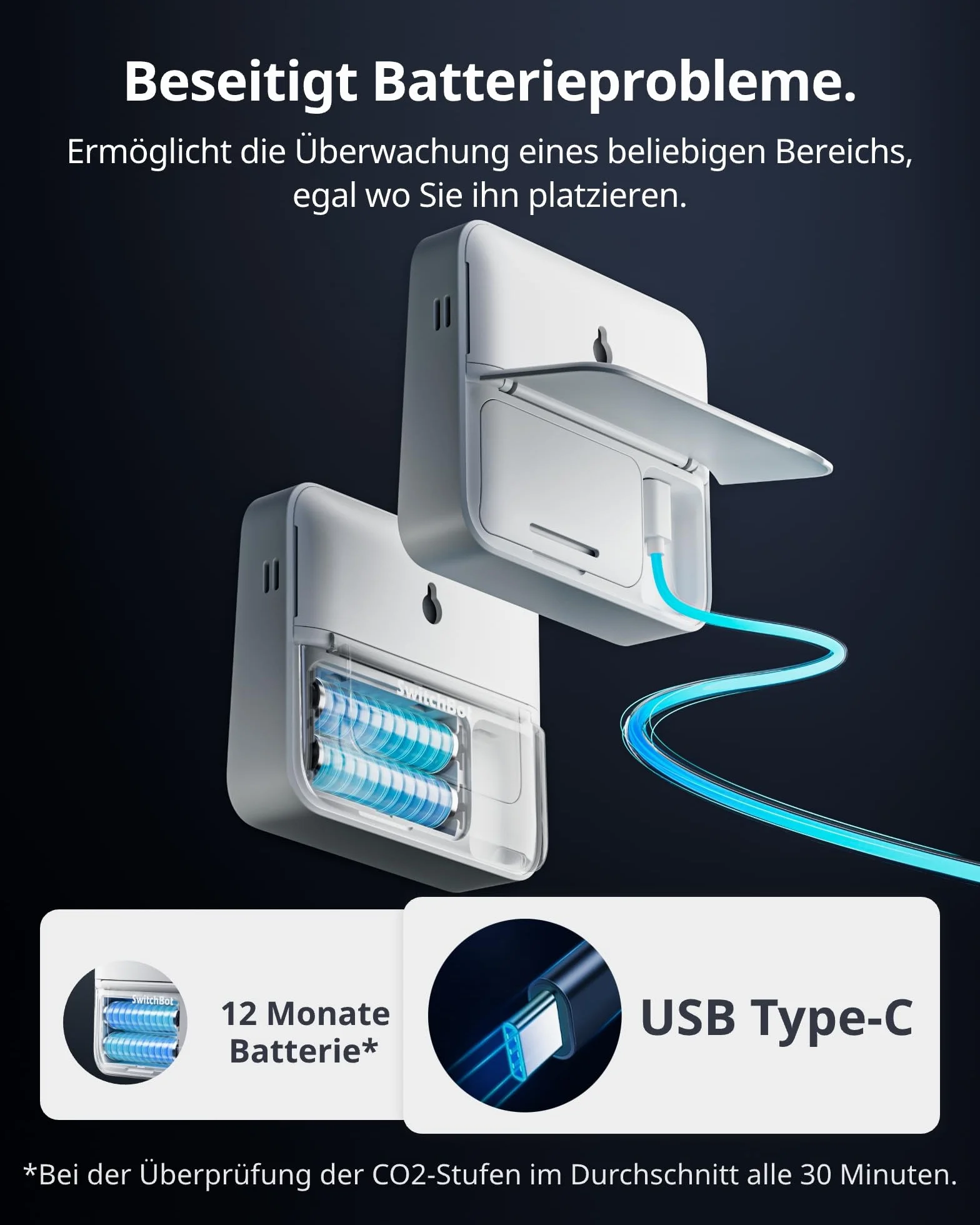 SwitchBot CO2-Melder, CO2 Messgerät mit Thermometer Hygrometer Innen, Bluetooth CO2 Sensor mit APP, 2 Jahre Datenspeicher