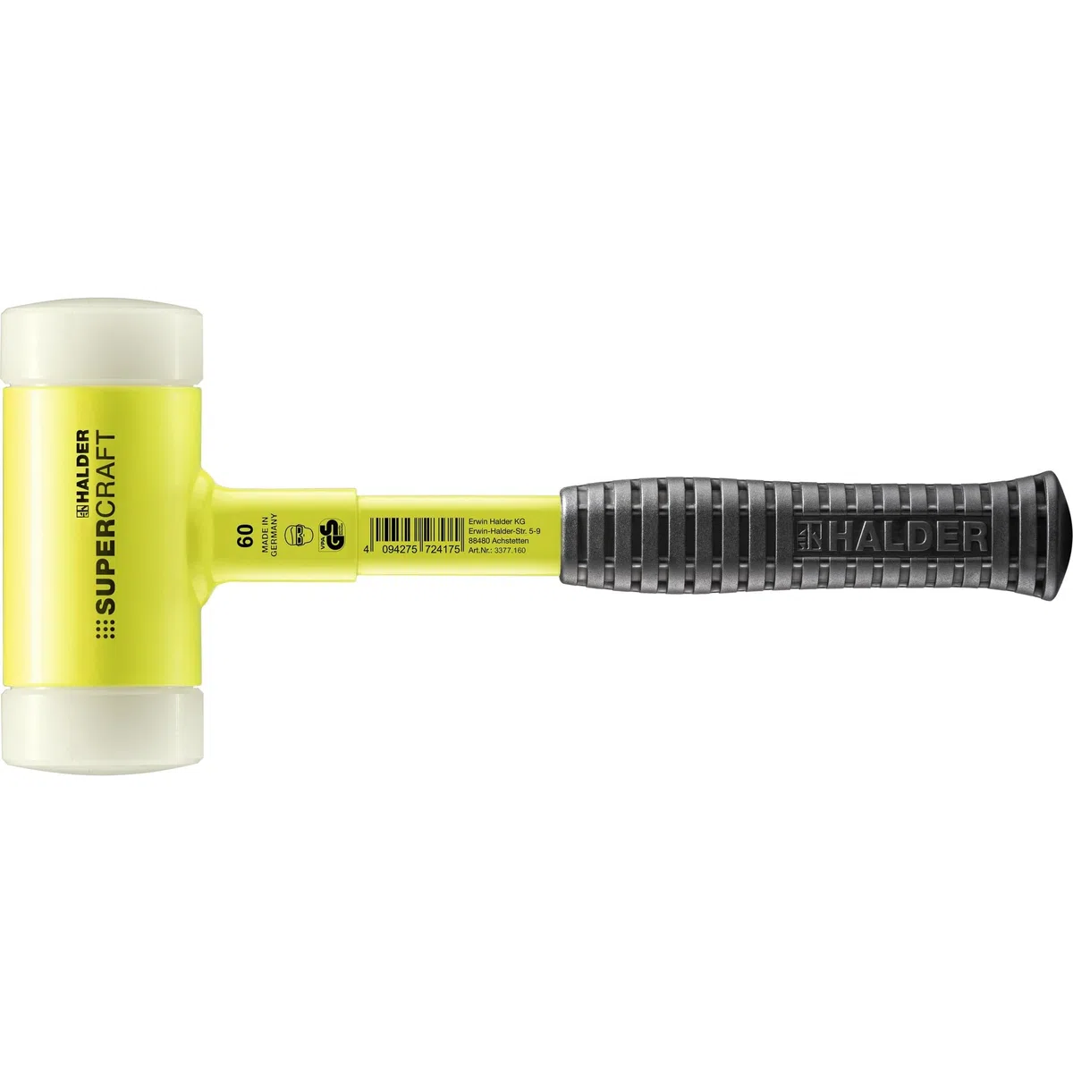 SUPERCRAFT-Schonhammer, mit bruchsicherem Stahlrohrstiel, gelb-fluoreszierend beschichtet und ergonomisch geformtem, rutschsicherem Griff | D=60 mm | 3377.160