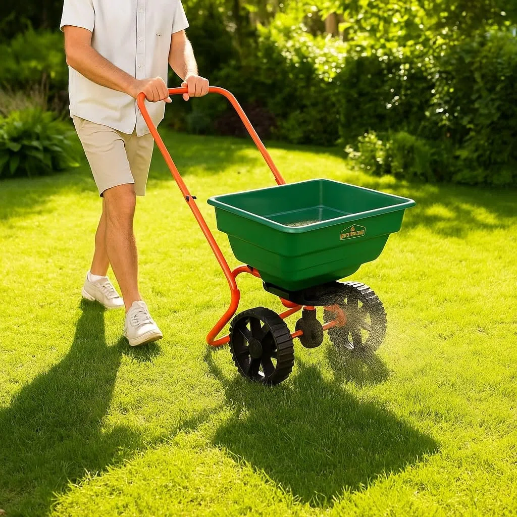 GARDEBRUK® Streuwagen 25L Streumenge einstellbar große Räder Saatgutstreuer Düngerstreuer für Salz Dünger Rasen Split Saatgut