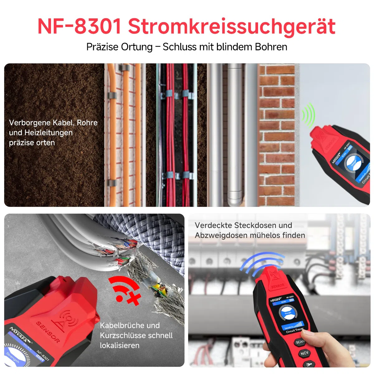 NOYAFA NF-8301 Kabelsuchgerät & Leitungssucher mit Digitalmultimeter, Unterirdischer Kabeldetektor, 8 Stufige Empfindlichkeit, Circuit Tracer für Wand, Sicherungs & Bewässerungskabel