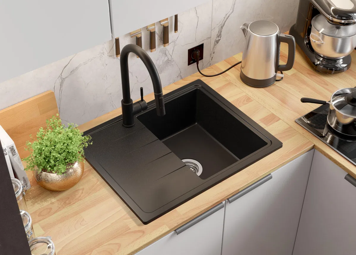PRIMAGRAN Spülbecken Schwarz 62x50cm, Granitspüle 1 Becken + Ablauf-Set, Küchenspüle ab 40er Unterschrank - Mailand S001