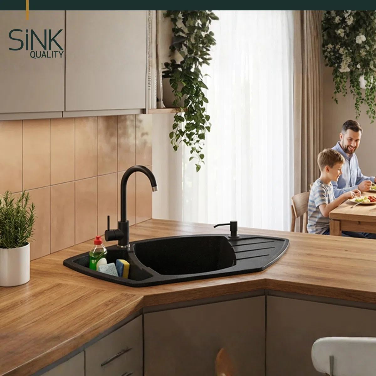 SINK Quality Eckspüle aus Granit 90x54 cm - Graphit – 1,5 Becken Einbauspüle mit Restebecken, Robust & Kratzfest, Inkl. Siphon & Imprägnierung, Küchenspüle ab 70 cm Unterschrank