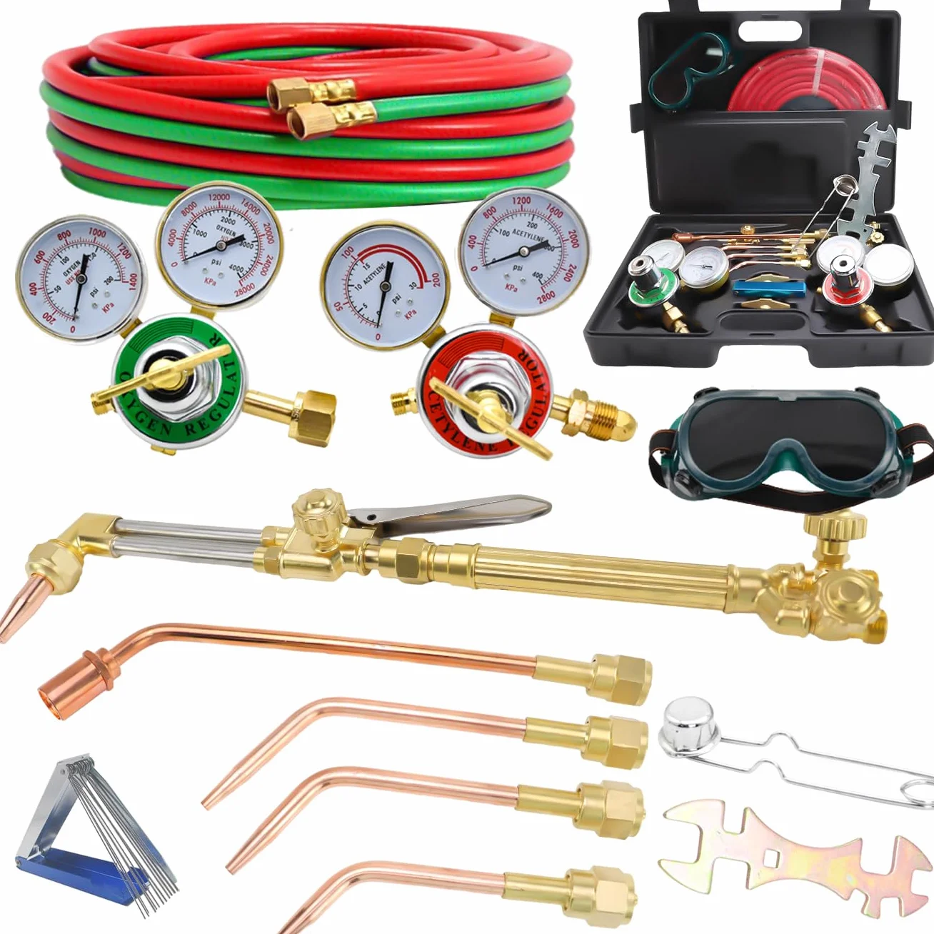 Schneidbrenner-Set, Oxy-Acetylen-Fackel-Set, tragbarer Gasschneidbrenner und Schweißset mit Heizspitze, Acetylen-Sauerstoff-Gasregler, Doppelgasschlauch-Schweißgläser