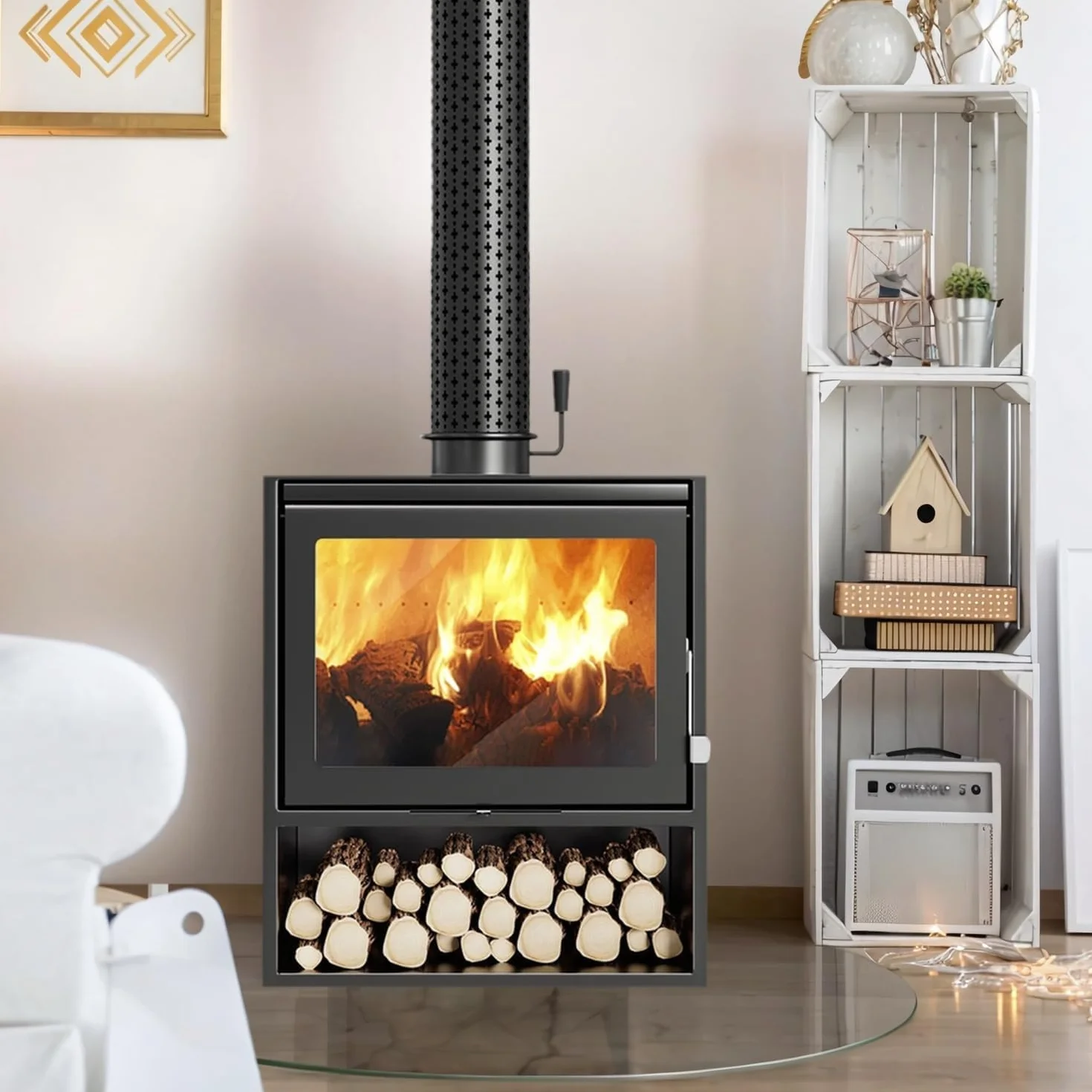 Echter Kaminofen mit Holzaufbewahrung, Vintage, freistehend, für den Innenbereich, Retro-Heizung, Glas, Ansicht, Holzofen, Flamme, Kamin, Schwarz, 50 cm