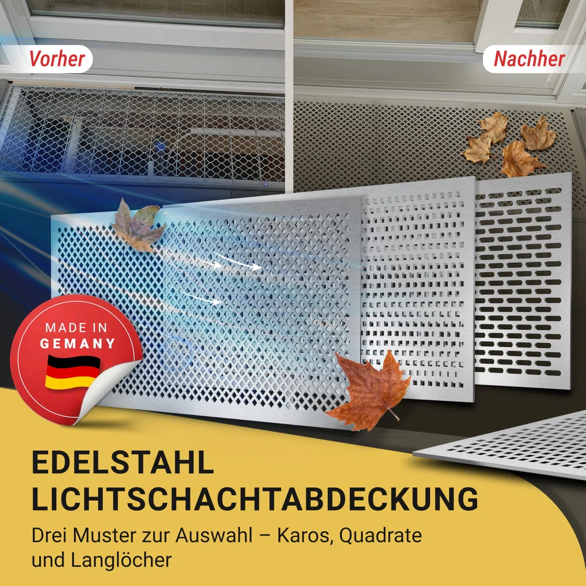 Lichtschachtabdeckung Edelstahl – Mit Insektenschutz - Quadrate - Rostfrei & langlebig – Begehbar – Einfache Montage – Hochwertiges Design & Funktion – Made in Germany