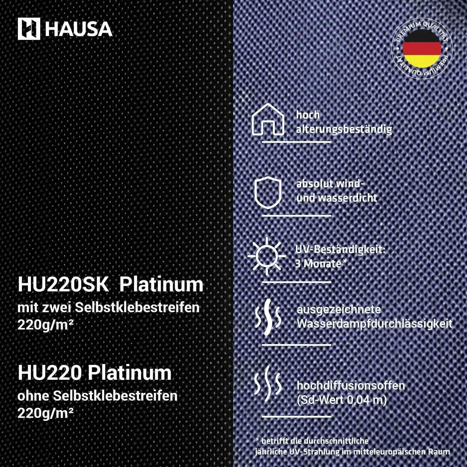 HAUSA Unterspannbahn 220g/m² dunkelblau 37,5m² (1,5m x 25m) Unterdeckbahn Platinum HU220 Dachfolie ohne Klebestreifen hochdiffusionsoffen wasserdicht Schalungsbahn Dach reißfest schlagregensicher