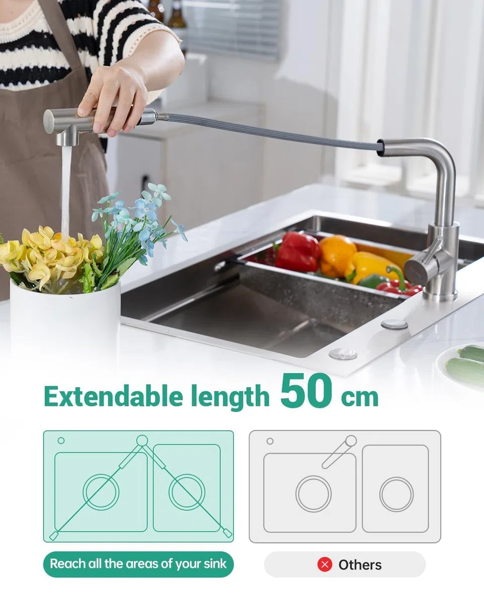 DAYONE Küchenarmatur mit Herausziehbarem Spray, SUS304 Edelstahl Hochdruck Wasserhahn Küche Ausziehbare Brause, Mischbatterie Küche mit 2 Funktionen, 360° schwenkbare Spültischarmatur Küche, Gebürstet