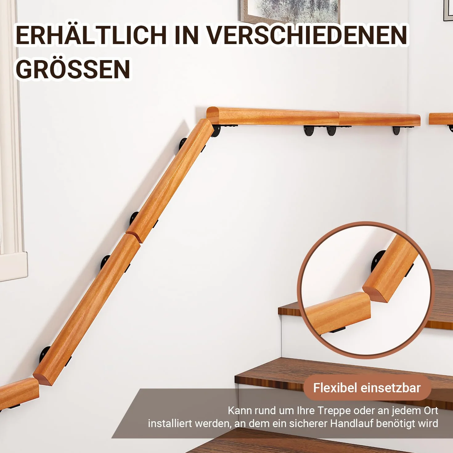 Ikodm Kiefernholz Handlauf Treppengeländer 200cm Geländer für Treppe Treppe Wandhandlauf Wand Treppe seitliche Montage, Inklusive Wandhalterungen, Montagematerial, für Indoor, Halbrunde Wood