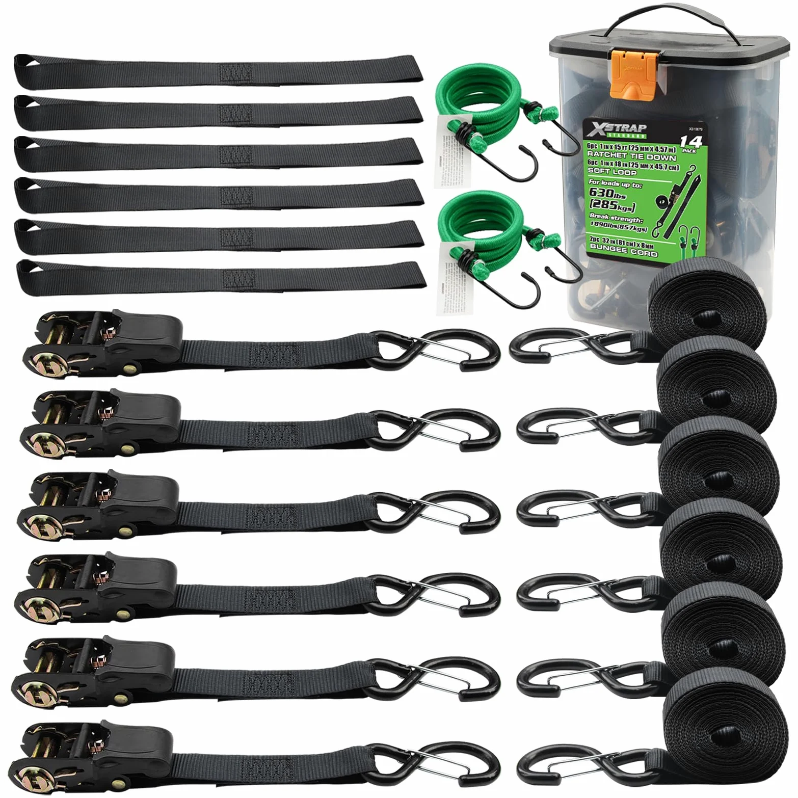 XSTRAP Standard Spanngurte mit Ratsche – 6 Stück, 2,5 cm x 4,8 m – 857 kg Bruchfestigkeit, Sicherheitsverriegelung, S-Haken, mit 6 weichen Schlaufen, 2 Bungee-Schnüre, logistische Cargogurte für