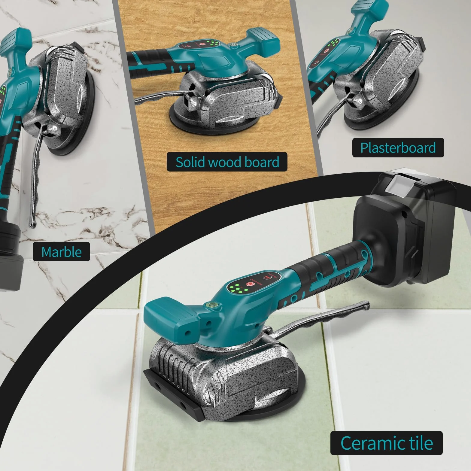 Powtree 2IN1 Akku Fliesenrüttler für Makita 18V Akku (ohne Batterie), 70kg Adsorption Fliesen Vibrationsgerät Fliesenvibrator mit 5 einstellbaren Geschwindigkeiten und großem Saugnapf