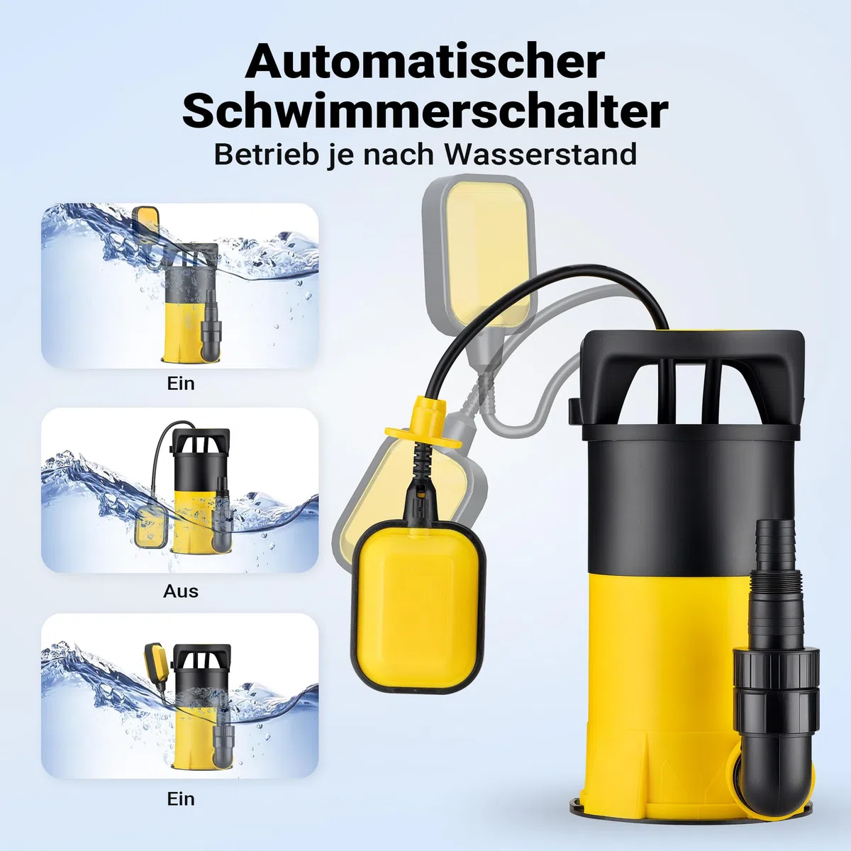 Wiltec 3 in 1 Flachsauger Tauchpumpe 400 W, Schmutzwasserpumpe 8000 l/h, Flachwasserpumpe mit Schwimmer, Flachsaugpumpe für Keller, Garten Wasserpumpe