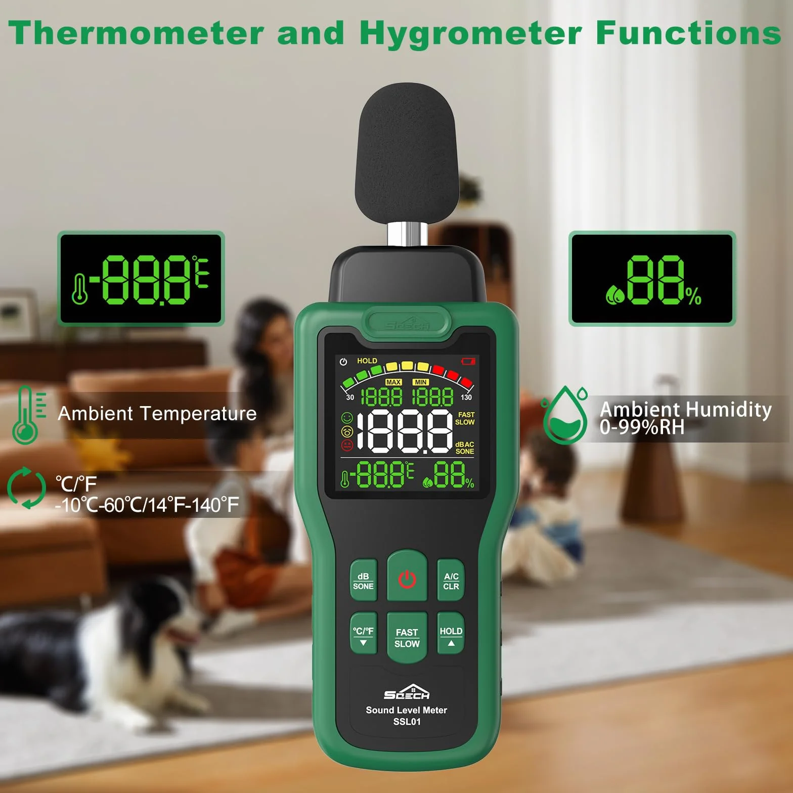 Dezibel Messgerät, SQECH Schallpegelmessgerät mit Temperatur und Feuchtigkeit Schallpegelmesser mit Farbigem Hintergrundlichtdisplay A/C Bewertung dB/SONE Einheit Schnelle/Langsame Reaktion 30–130dB