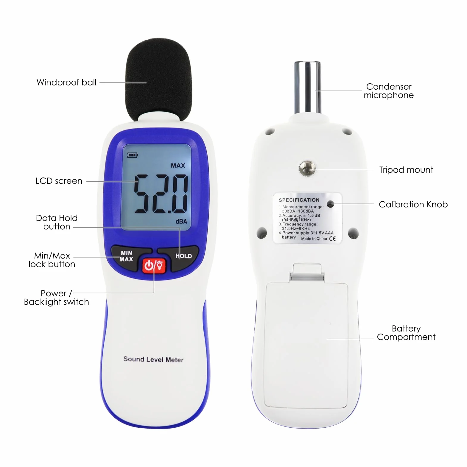 Schallpegelmessgerät, Digital Schallpegelmesser mit Bluetooth-fähiges, Dezibel Messgerät 30~130dBA Bereich MAX/MIN Datenhold mit LCD-Display und Hintergrundbeleuchtung für Zuhause, Schule