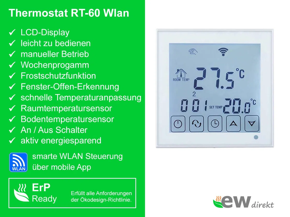Komplett-Set elektrische Fußbodenheizung SunPro 160 für Fliesen, Naturstein mit Thermostat RT-60 Wlan (5 m² - 0,5 x 10 m)
