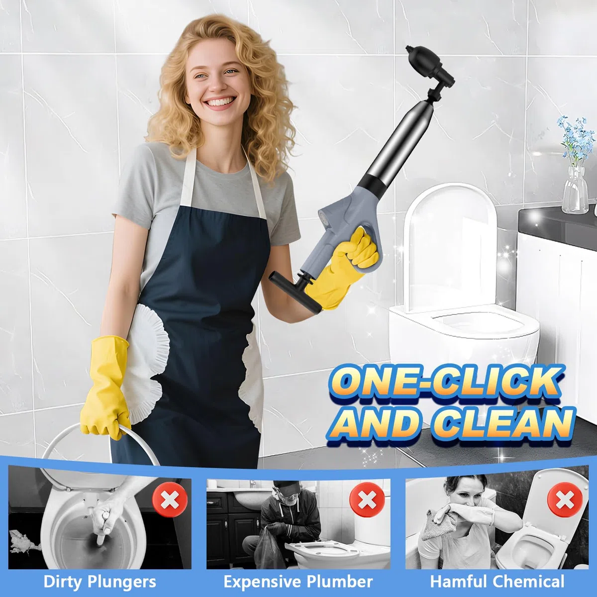 Pömpel Toilette, Rohrreiniger Druckluft mit Luftdruckanzeige, Pressluft Rohrreiniger mit 4 Saugnäpfen für Waschbecken, Toiletten, Badezimmer, Dusche, Küche