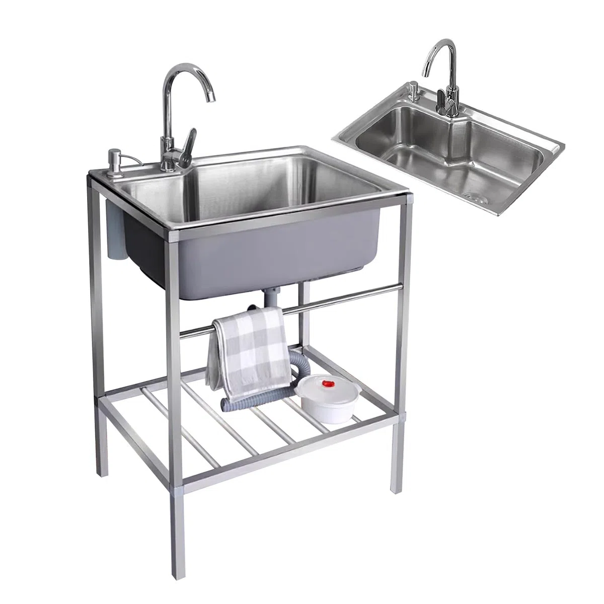 Edelstahl Spülbecken Küche,Utility Waschbecken Frei Stehende,mit Wasserhahn Lagerregale Im Freien Waschbecken Waschstation,kommerzielle Restaurant Waschbecken,für Waschküche Garage Bauernhaus(27.5x18.