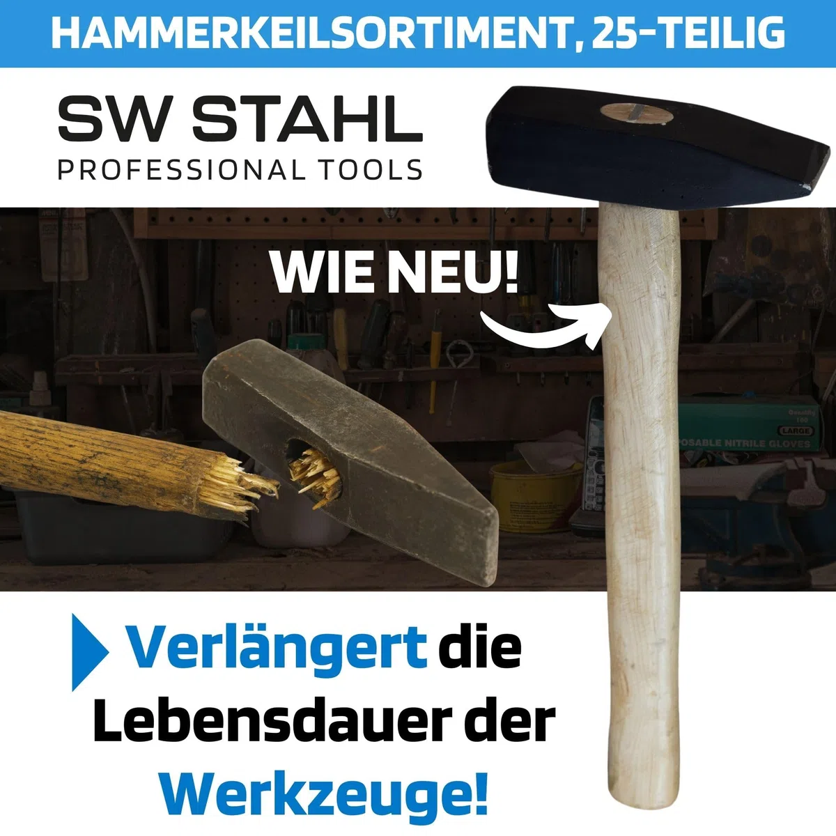 SW-Stahl 50128L Hammerkeilsortiment 25-teilig I Stielbefestigungskeil Set aus verschiedenen Größen I Hammerkeiler für 100 g - 6 kg Kopfgewicht I sichere Verbindung zwischen Hammerstiel und Hammerkopf
