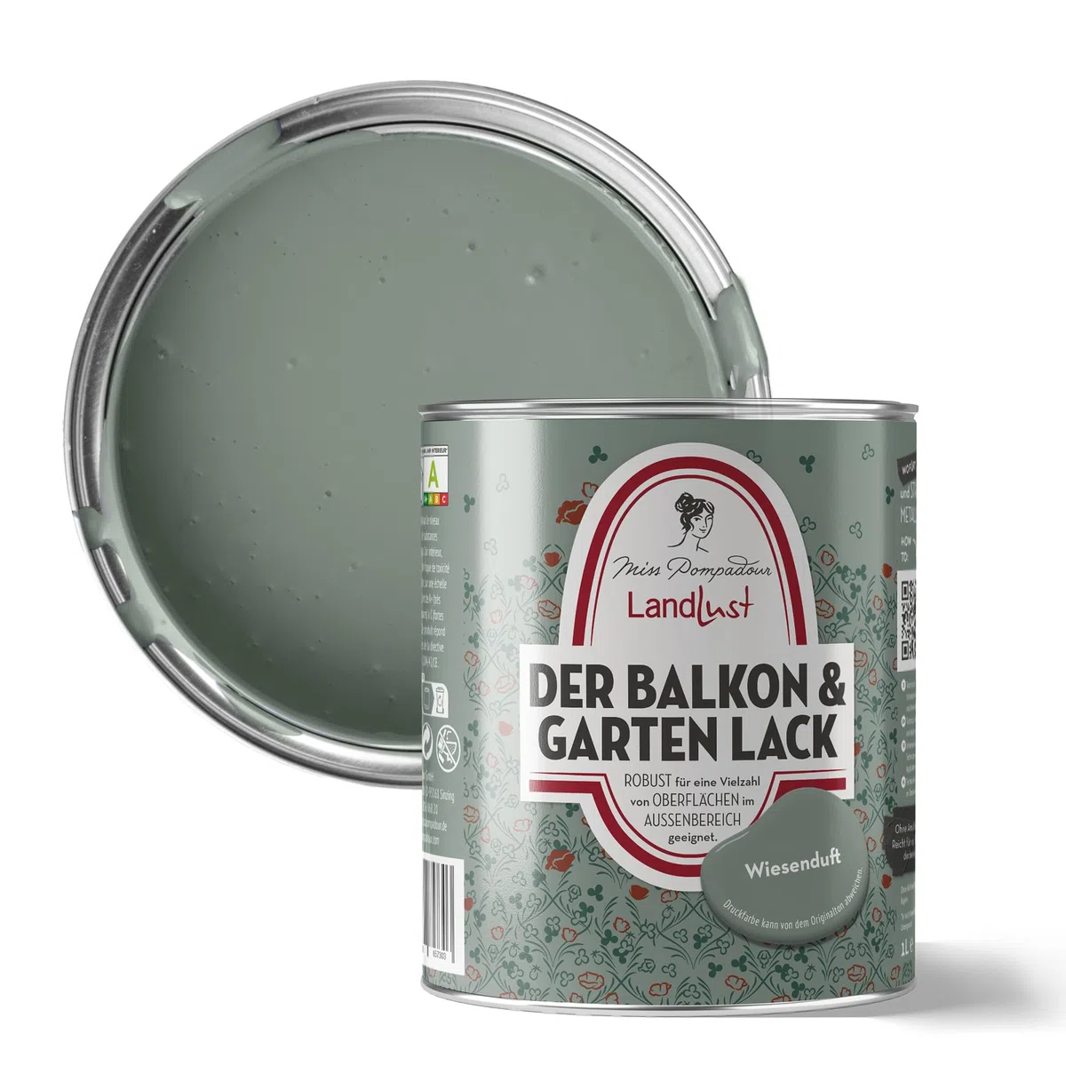 MissPompadour seidenmatter Holzlack außen & wetterfest 1L, Wiesenduft Grün, geruchsarme Möbelfarbe für Holz, Metall & Kunststoff mit UV-Schutz, wasserbasierte Holzfarbe