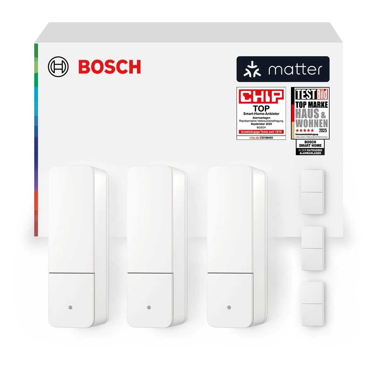 Bosch Smart Home Tür-/Fensterkontakt II [+M], smarter Sensor zum energieeffizienten Heizen, flexible Nutzung im Bosch Smart Home System oder herstellerübergreifend in Matter Systemen, 3er-Set