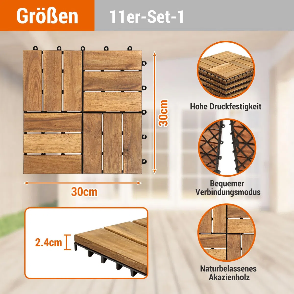 Holzfliesen terrassenfliesen, Akazienholz balkonfliesen 30x30 cm mit Klicksystem, 12 Latten Fliese 11 Stück (1 m²), wetterfester Outdoor Bodenbelag für Balkon und Terrasse