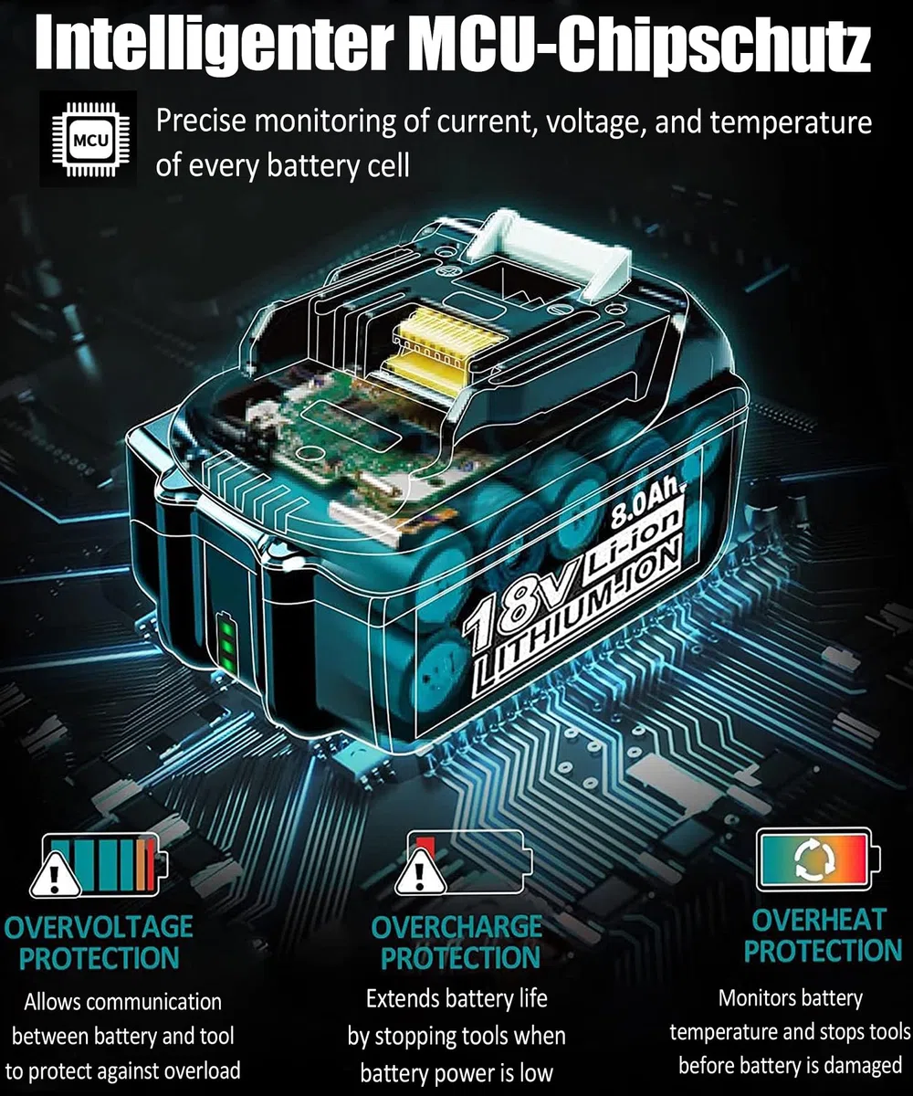 2X 18V 8.0Ah/8000mAh Ersatzakku für makita akku Kompatibel BL1860B BL1850B BL1840 BL1830 BL1845 194205-3 LXT-400 Bohrmaschinen, Schraubendrehern, Kartuschenpistolen, with LED Werkzeugakku.