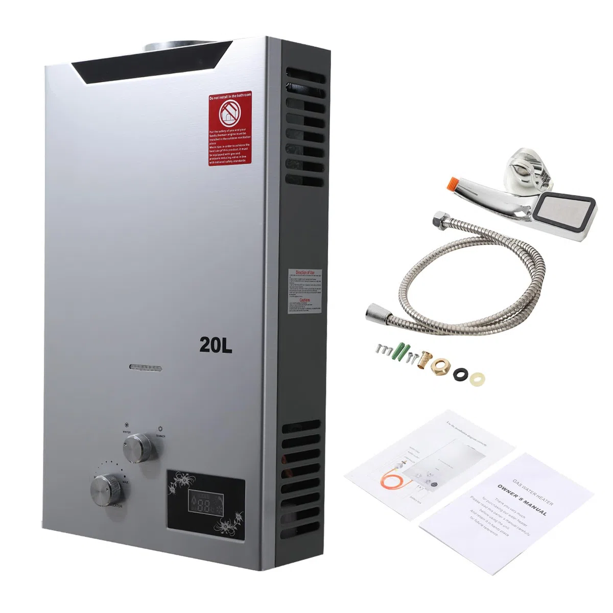 Tragbarer Gas Durchlauferhitzer 20L 40KW Propangas Campingdusche für Dusche im Außenbereich Dusche Bad Warmwasser Camping Dusche LPG Warmwasserbereiter Warmwasser Tankless Instant,Silber