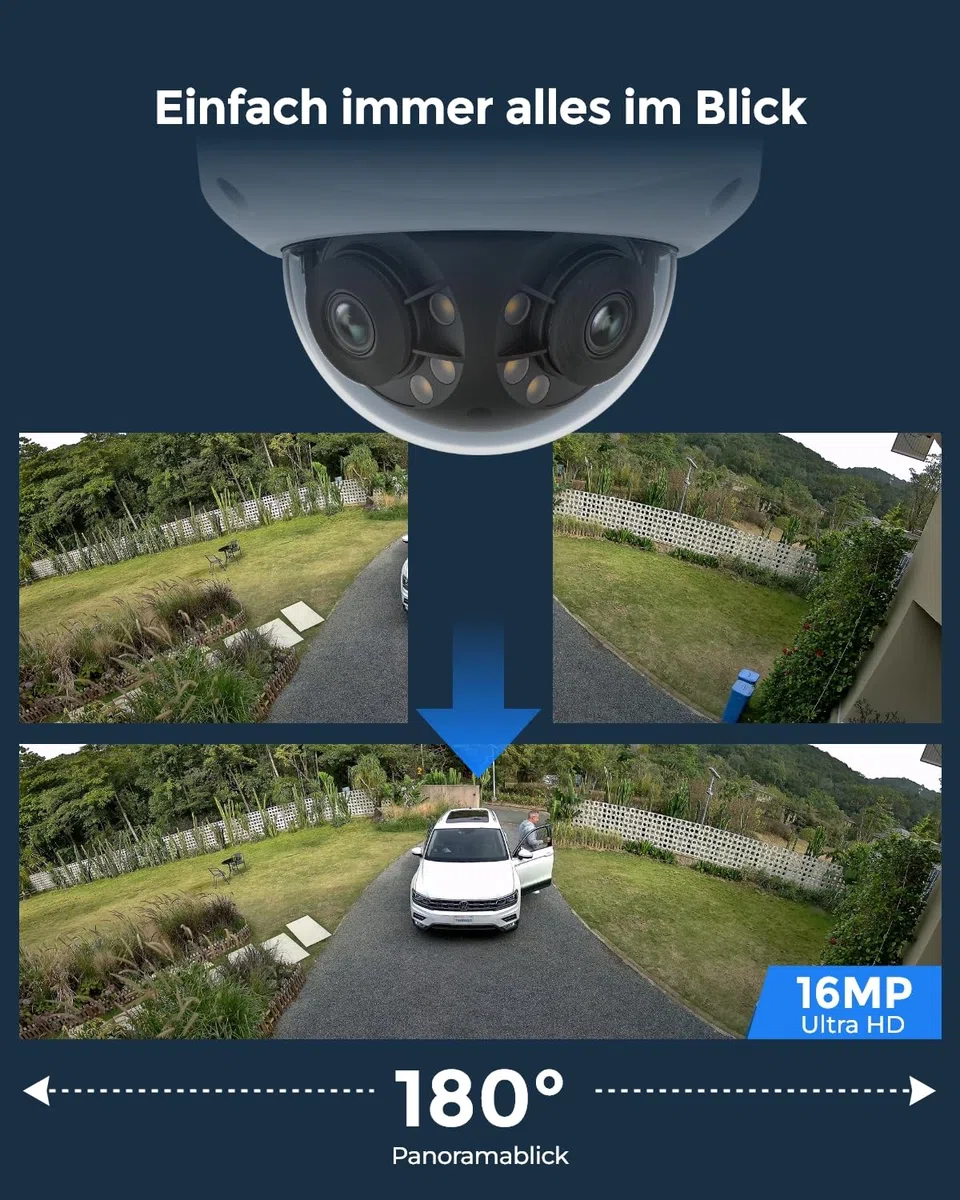 Reolink 16MP UHD 180° Panorama Dual-Objektiv Überwachungskamera, Bewegungsverfolgung, Farbnachtsicht, Spotlight, Smart-Erkennung & Alarme, Zwei-Wege-Audio, IK10 Vandalismussicher, IP67, Duo 3V PoE