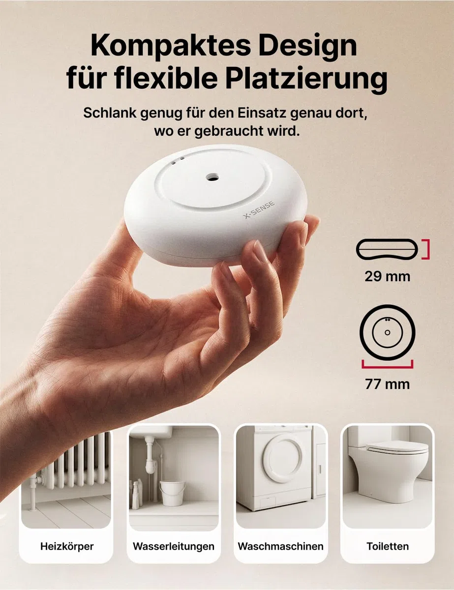 X-Sense Smart Wassermelder mit Batterie, WLAN Wassersensor, kompakter Überschwemmungssensor mit Einstellbarer Lautstärke von bis zu 110 dB sowie 500 m Reichweite, für Küchen, Keller und Badezimmer