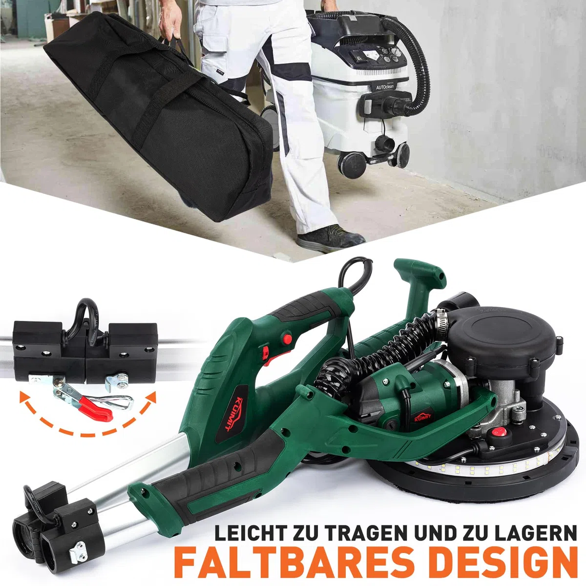 Trockenbauschleifer 850W, Wandschleifer mit 12 Schleifscheiben, 6 variable Geschwindigkeiten 800-1750 U/min, Elektroschleifer mit ausziehbarem Griff, LED-Licht, langem Staubschlauch