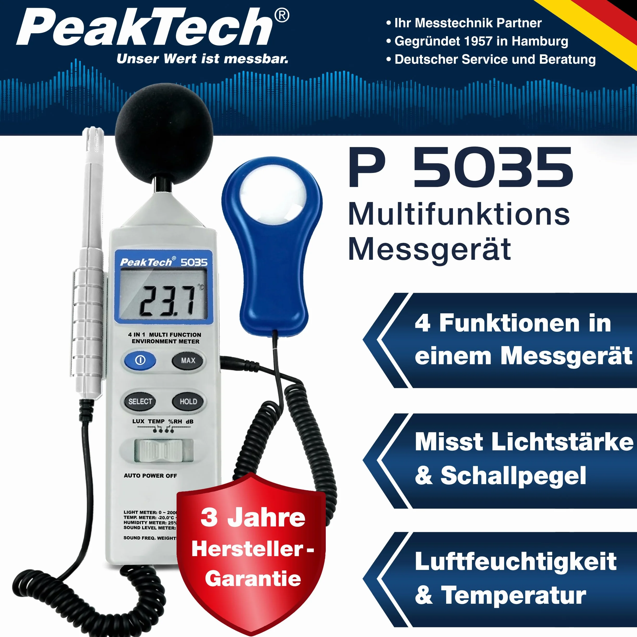 PeakTech 5035-4 in 1 Multifunktions Umweltmessgerät dB, Lux, RH, Temp.
