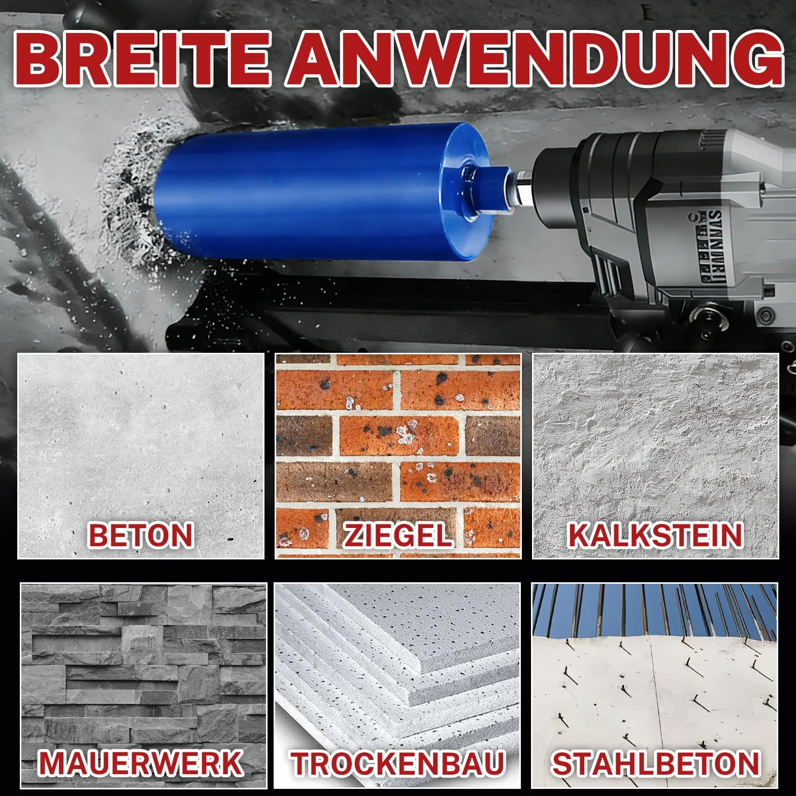 51 mm Kernbohrer – 410 mm Schnitttiefe, 1‑1/4 Zoll – Nassbohren Diamantbohrkrone für Stahlbeton, Mauerwerk, Naturstein, Ziegel (460 mm Gesamtlänge)