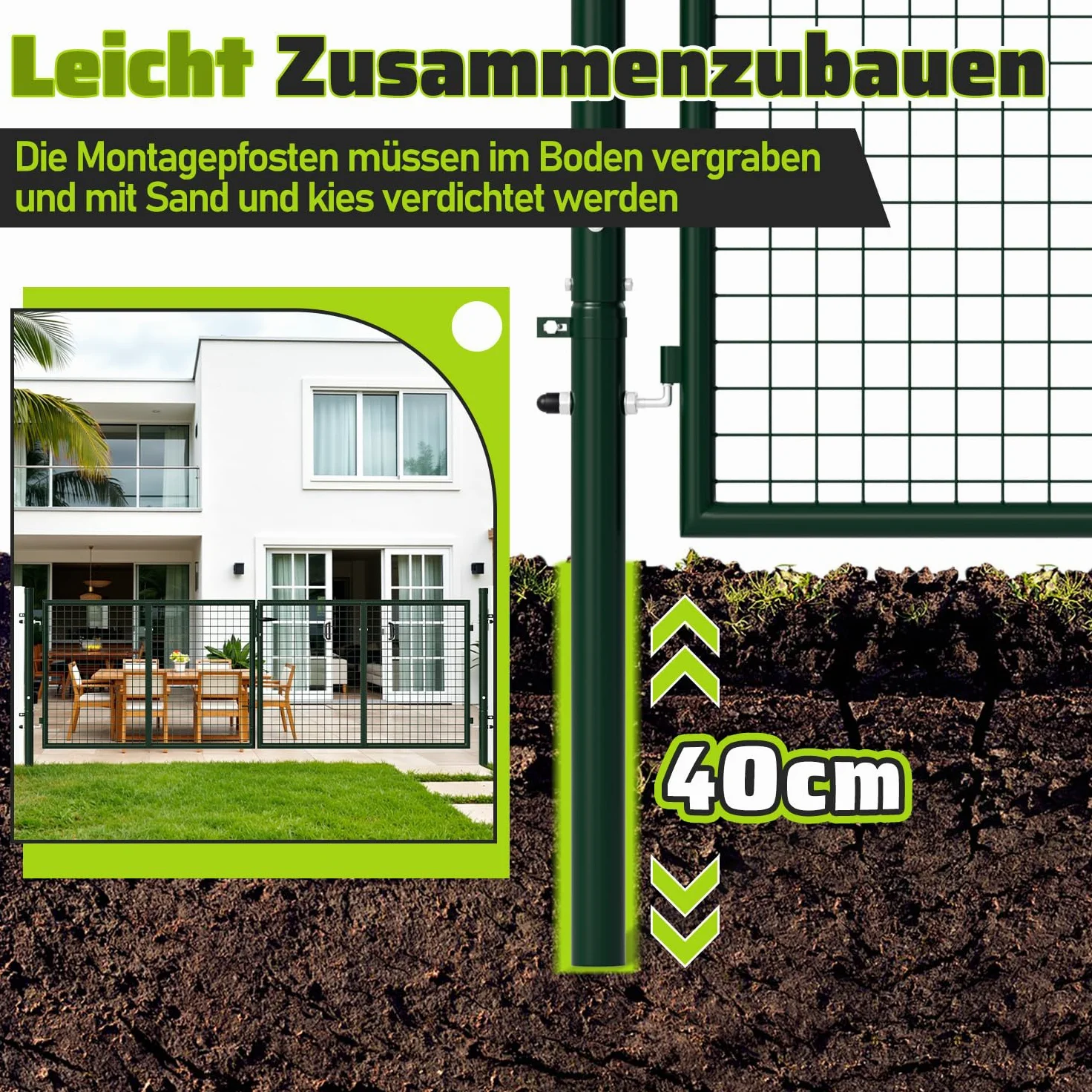 Gartentor metall, Doppelflügelig Gartentür, 300x100 cm, Rundrohr, DIY, Patchwork, inkl. Schloss, für Stabmattenzaun (Grün).