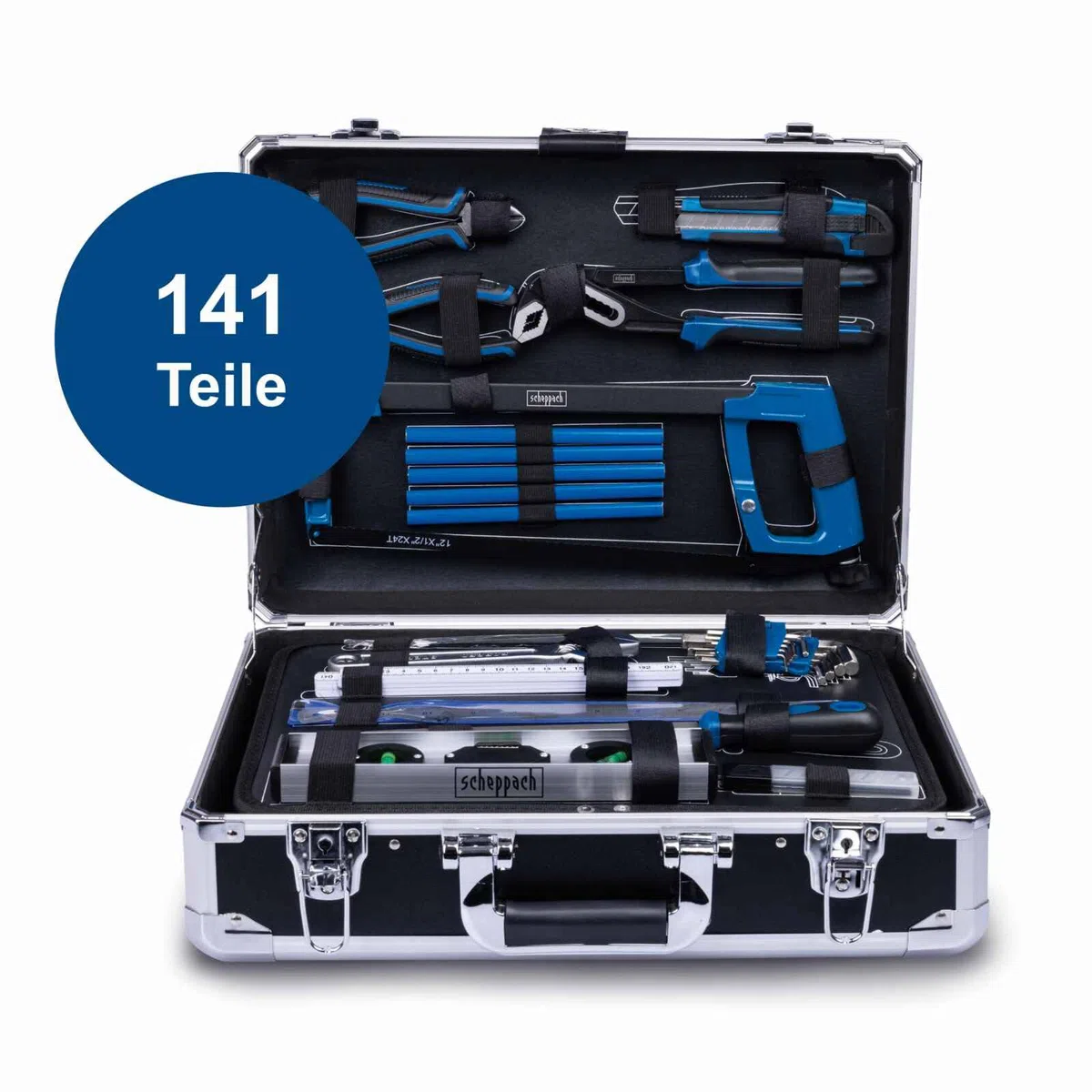 Scheppach TB200 Aluminium Werkzeugkoffer gefüllt 141-tlg Werkzeug Set | Werkstattkoffer bestückt mit Schraubenschlüssel, Hammer, Zange, Schraubenzieher, Werkzeugkiste für Werkstatt und Haushalt