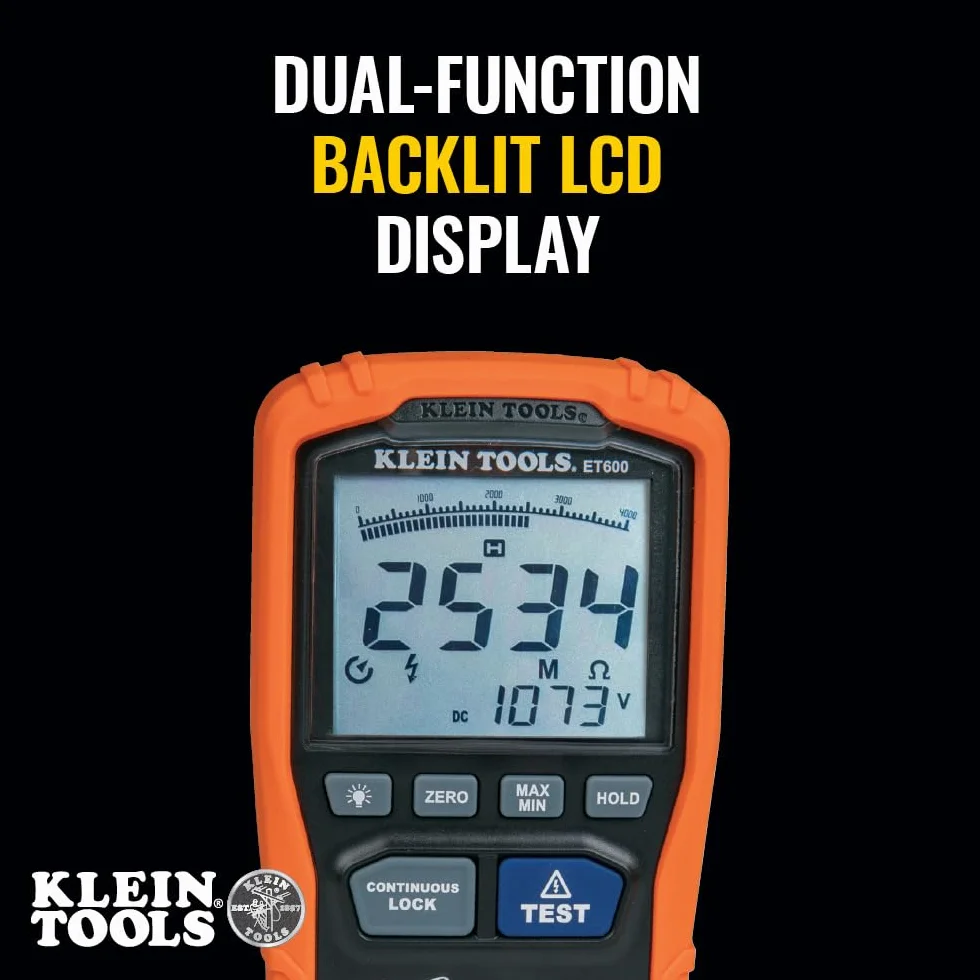 Klein Tools ET600 Isolationsprüfgerät | Bis 4000 MΩ | 125 V 250 V 500 V und 1000 V Prüfspannung | TRMS | CAT IV 600 V CAT III 1000 V