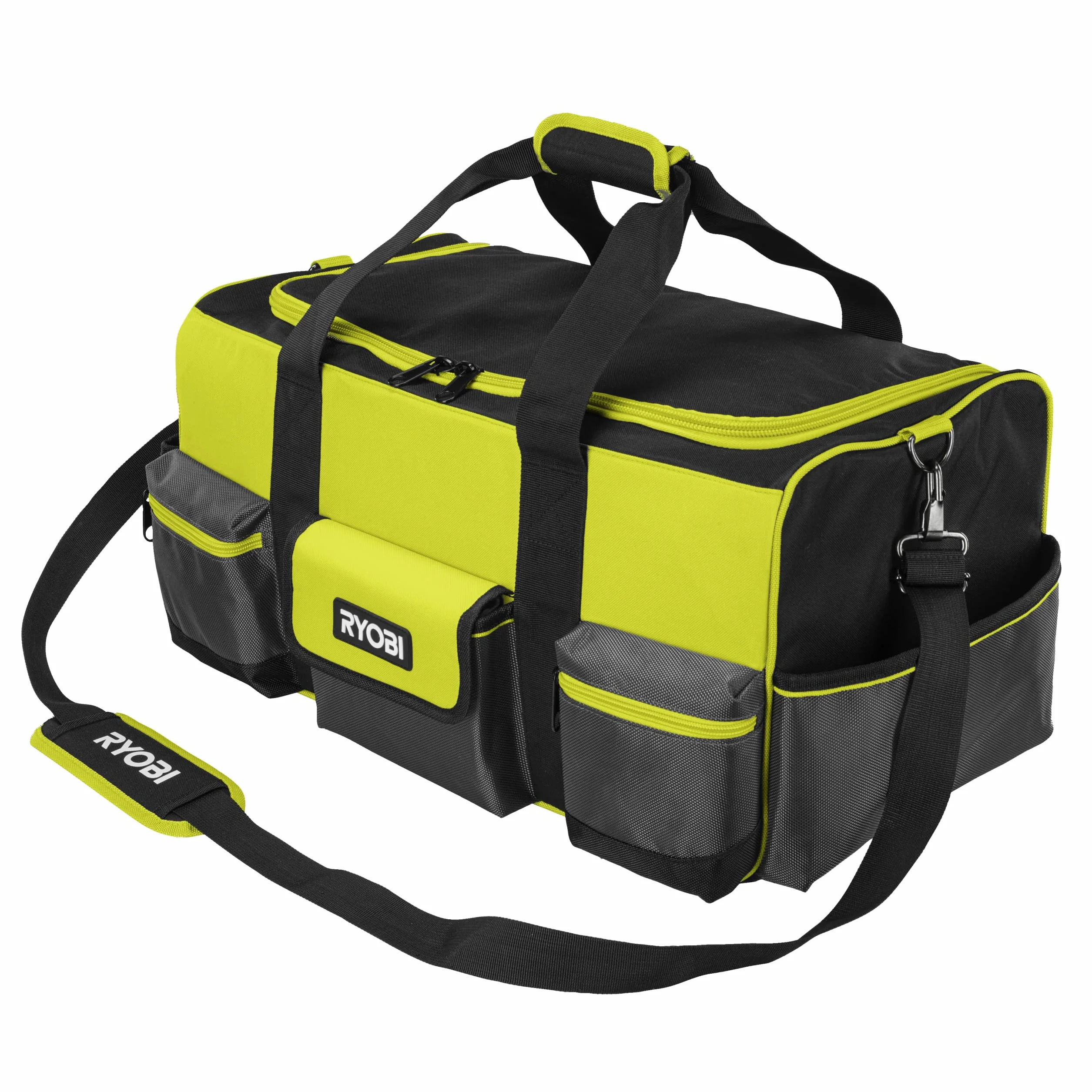 RYOBI Handwerkertasche mit Schultergurt Größe L RSSLTB1 (3 x Fronttaschen, 1x offene Tasche auf der Rückseite, 2 x Seitentasche, 8 x Schlaufen für Handwerkzeuge im Innenbereich, 1x Innentasche)