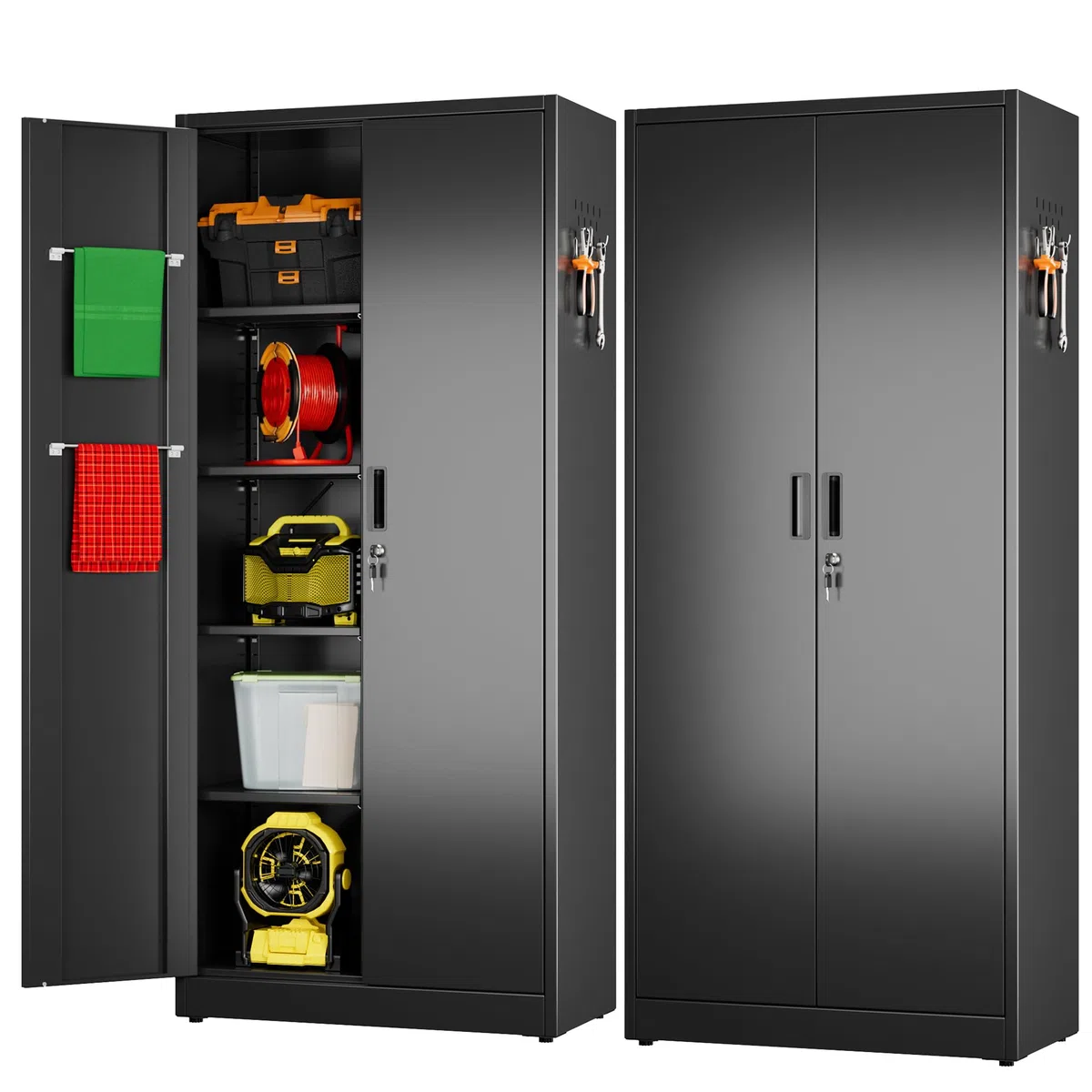 Besenschrank mit Belüftung & Magnetverschluss, Multifunktionalschrank, Stabiler Stahlschrank für Staubsauger, Reinigungsmittel, Kleidung und Haushaltsgegenstände｜70x30x150 cm｜Schwarz