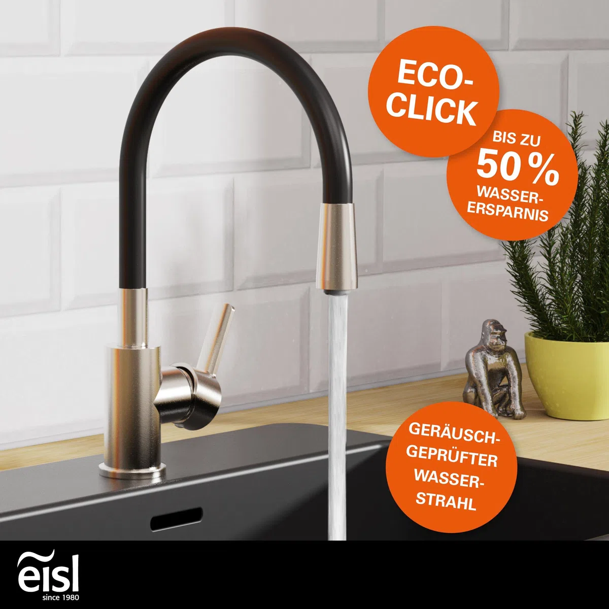 EISL Flexo Edelstahl/Schwarz Flexible Spültischarmatur, biegsamer Wasserhahn für die Küche, hoher Auslauf mit Soft-Touch-Schlauch, 360 Grad schwenkbar, Wasserhahn Küche flexibel, NI186FLNIB