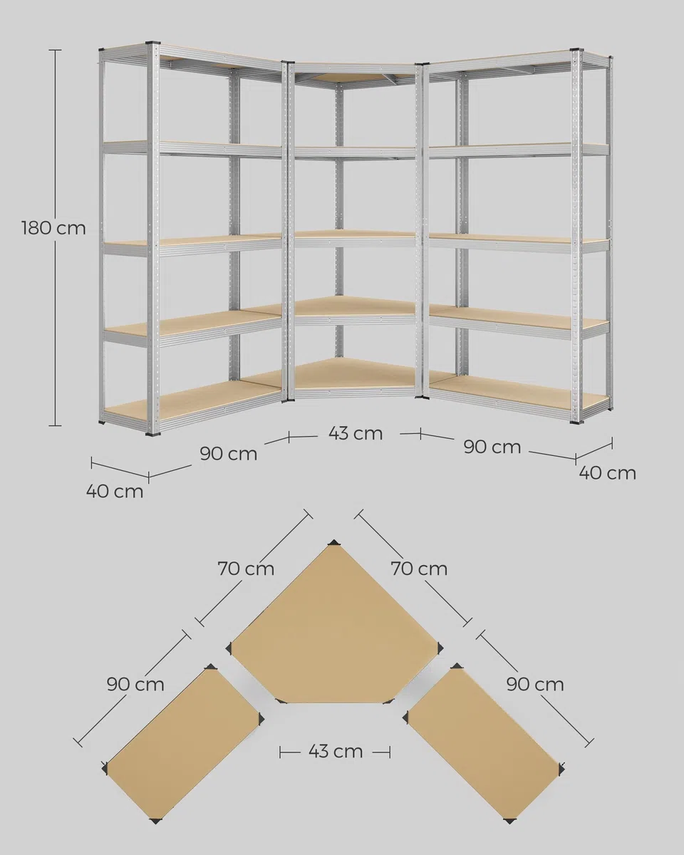 SONGMICS Eckregal-Set 5 Ebenen, Schwerlastregal, Metall, Lagerregal für Garage, Abstellraum, Kellerregal, bis 2625 kg belastbar, silbern-naturbeige GLR070E03