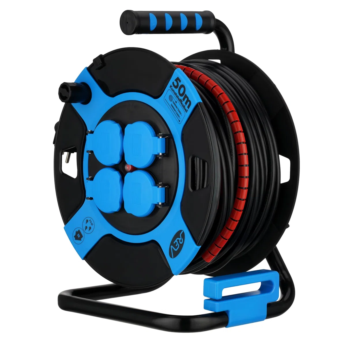 REV Kabeltrommel 50m Outdoor IP44 4 Schutzkontaktsteckdosen blau