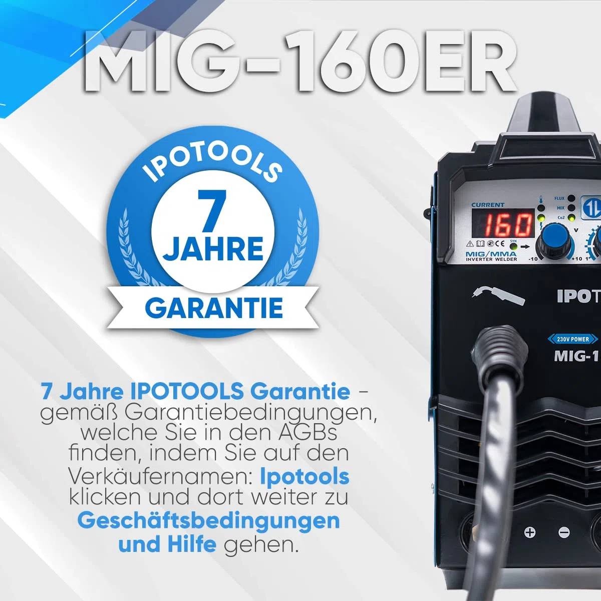 IPOTOOLS MIG-160ER Inverter Schweißgerät MIG MAG - Schutzgas Schweissgerät mit 160 Ampere auch FLUX/Fülldraht und Elektroden geeignet/E-Hand/Digitalanzeige/IGBT / 230V / 7 Jahre Garantie