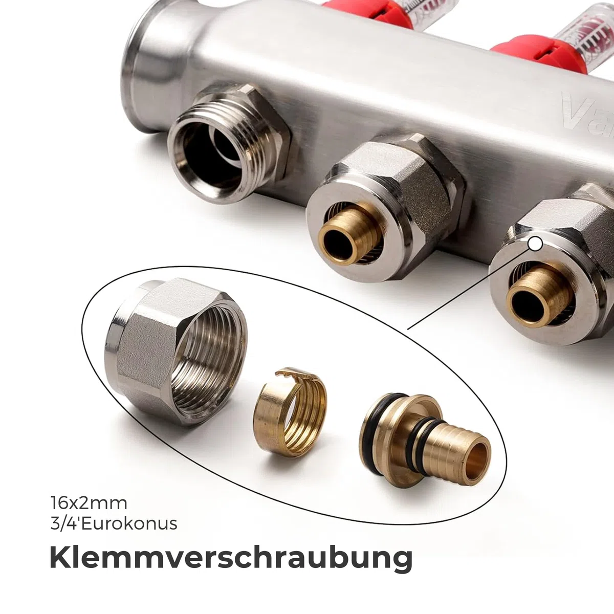 VANCOCO Heizkreisverteiler Edelstahl für 7 Heizkreise mit Eurokonus 16 × 2 mm, Fußbodenheizung Verteiler, Schnellentlüfter Set, 1" Kugelhähne, Durchflussmesser