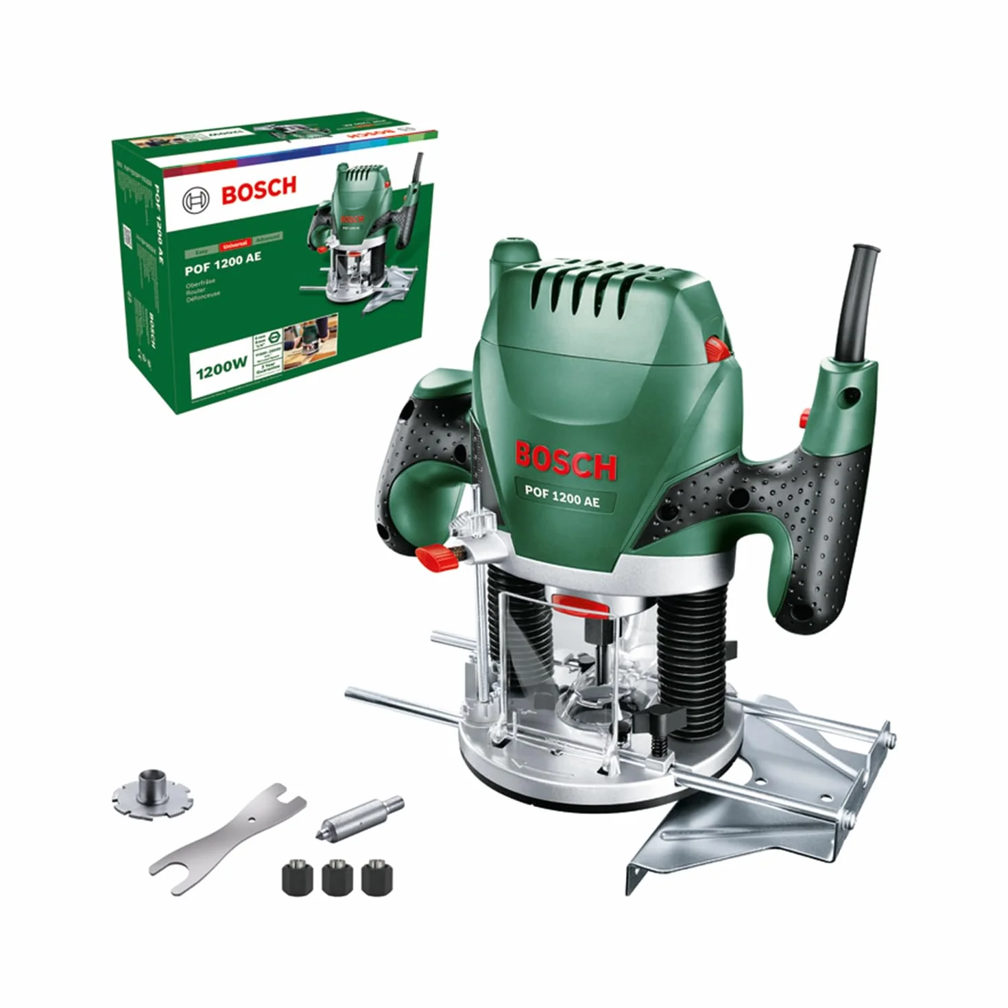 Bosch Oberfräse POF 1200 AE (1200 Watt, inkl. Zubehör für präzise Holzbearbeitung, für unterschiedliche Holzarten)