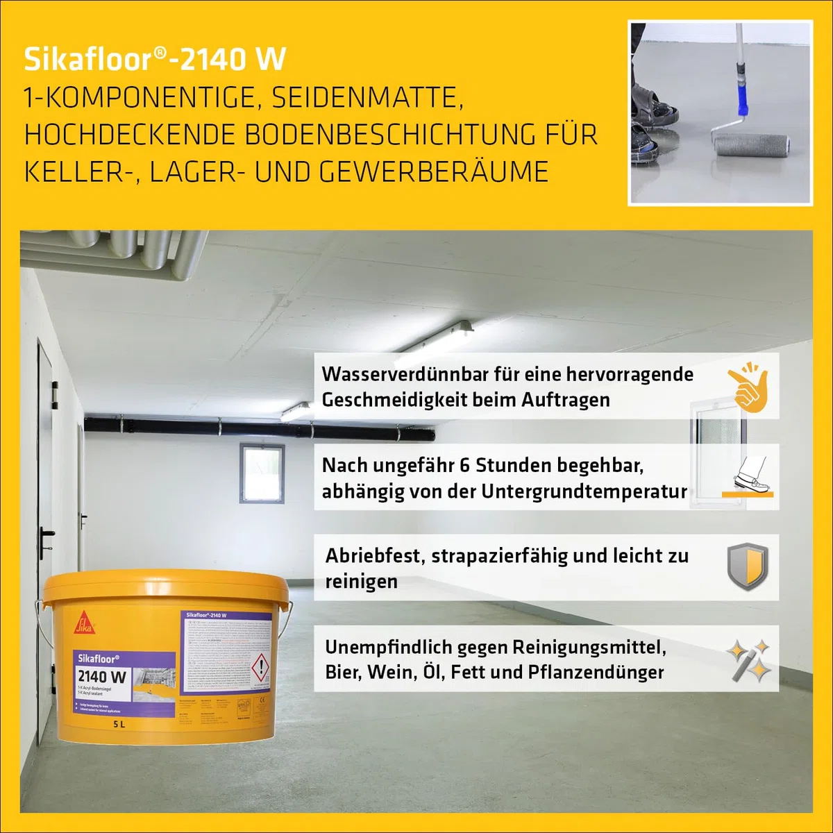 Sika – Bodenbeschichtung zur Versiegelung von Keller- & Lagerräumen – Sikafloor-2140 W -Betongrau – Hochdeckend, strapazierfähig, wasserverdünnbar – Verarbeitungsfertig – Seidenmatter Glanz – 5 l