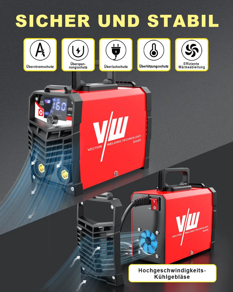 VECTOR WELDING Elektroden Schweißgerät MMA 160A - Schweißgerät Elektrode - Inverter Schweissgerät - Digitales Display - Einsteigergerät - Elektro Schweißgerät - IGBT ARC 160