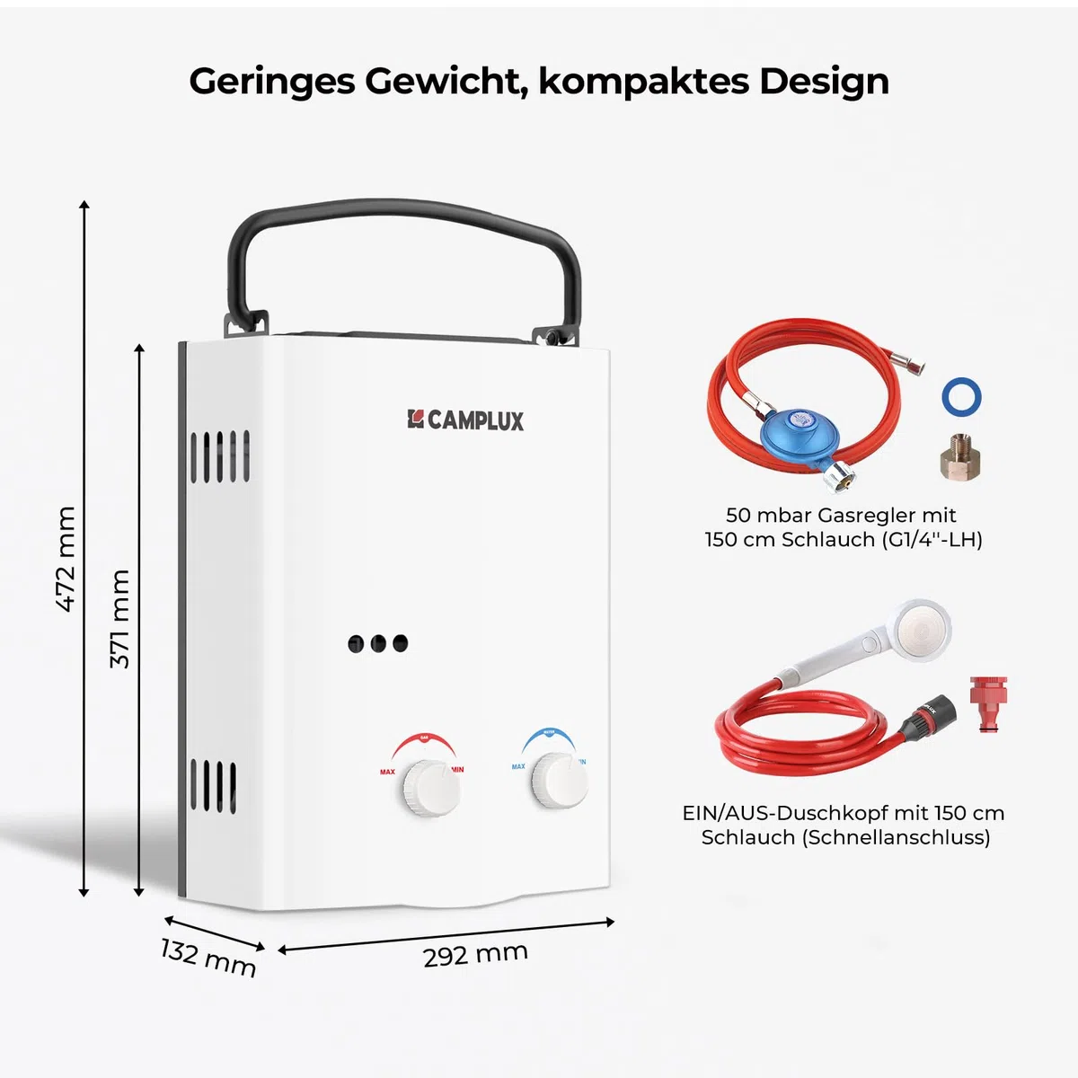 CAMPLUX AY132-DE 5 Liter Tankless Gasdurchlauferhitzer 50mbar, LPG Durchlauferhitzer mit Tragbarer Griff, 10 kW, Propan- oder Butangas, Campingdusche