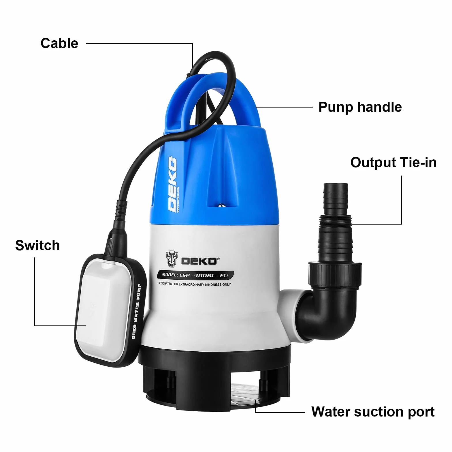 DEKO 400W Tauchpumpen flachsaugend mit Schwimmerschalter Fördermenge 8000 l/h Eintauchtiefe Max. 7 m Partikel Ø 35mm - Tauchpumpe Schmutzwasserpumpe Wasserpumpe Pumpe Abwasserpumpe für Garten Haus