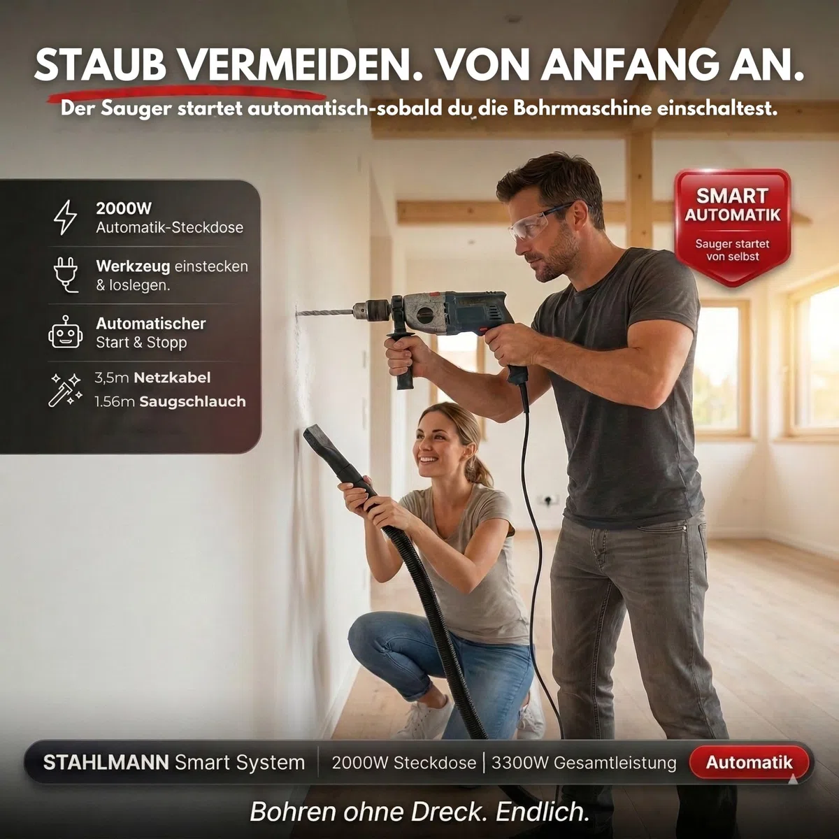 STAHLMANN VAC3300 Industriestaubsauger 3300W | Steckdose mit Automatik (2000W) | Blasfunktion | 21kPa Saugleistung | Nass- & Trockensauger 30L | Werkstattsauger ohne Beutel | Baustellen-Sauger