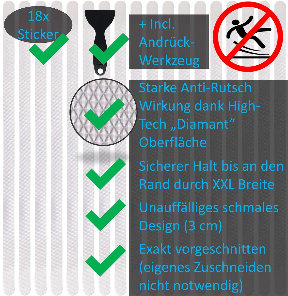 Anti Rutsch Streifen Aufkleber Treppe, transparent, XXL (90x3 cm), Sicherheit durch extra starken Halt, Treppenstufen Antirutsch innen Sticker - 18-Pack