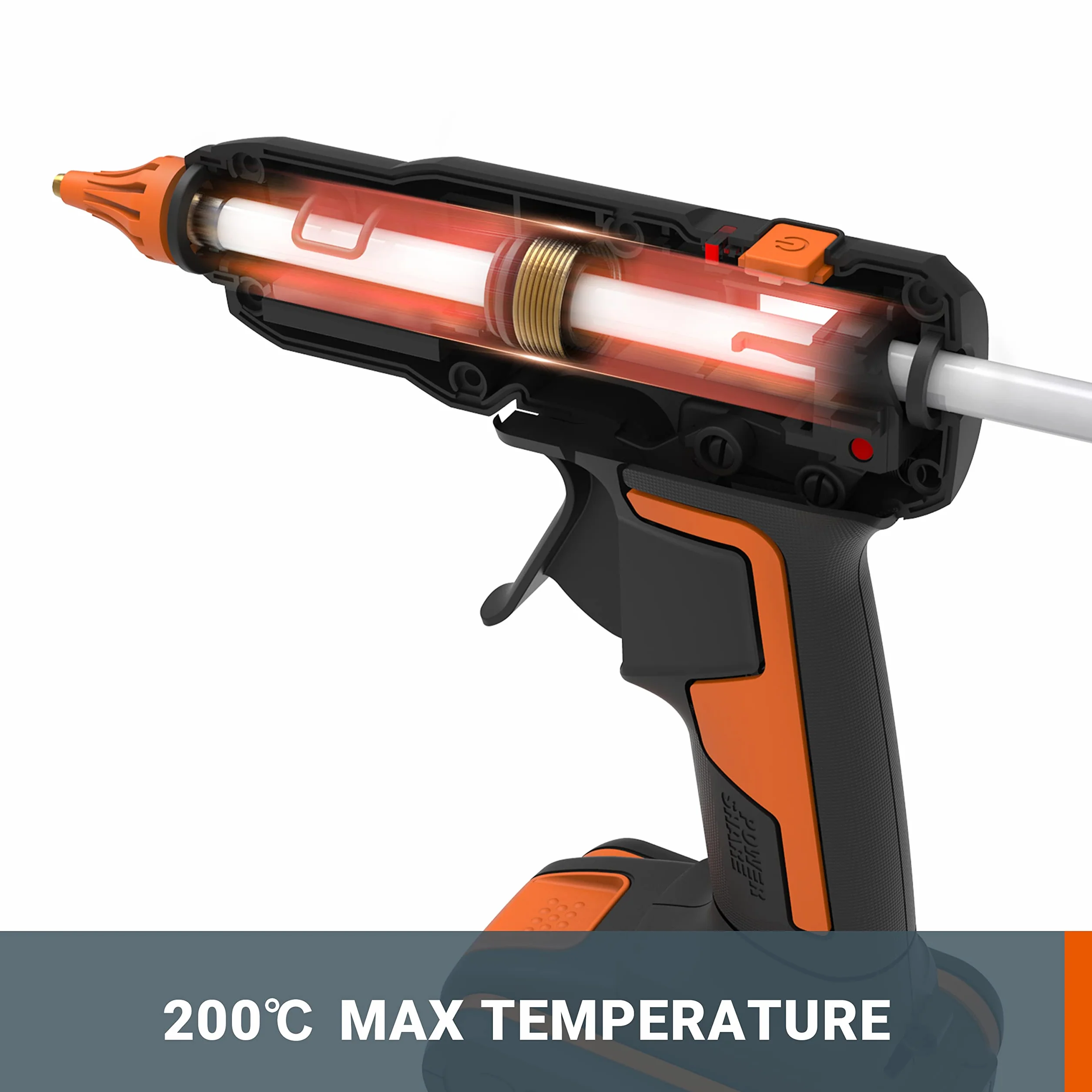 WORX WX045.9 Akku-Heißklebepistole 20V, 60W, MAX 200℃, Anti-Tropf, ideal für Heimwerker, Möbelmontage, Hausreparatur, mit 10*Klebesticks, ohne Akku & Ladegerät, PowerShare kompatibel