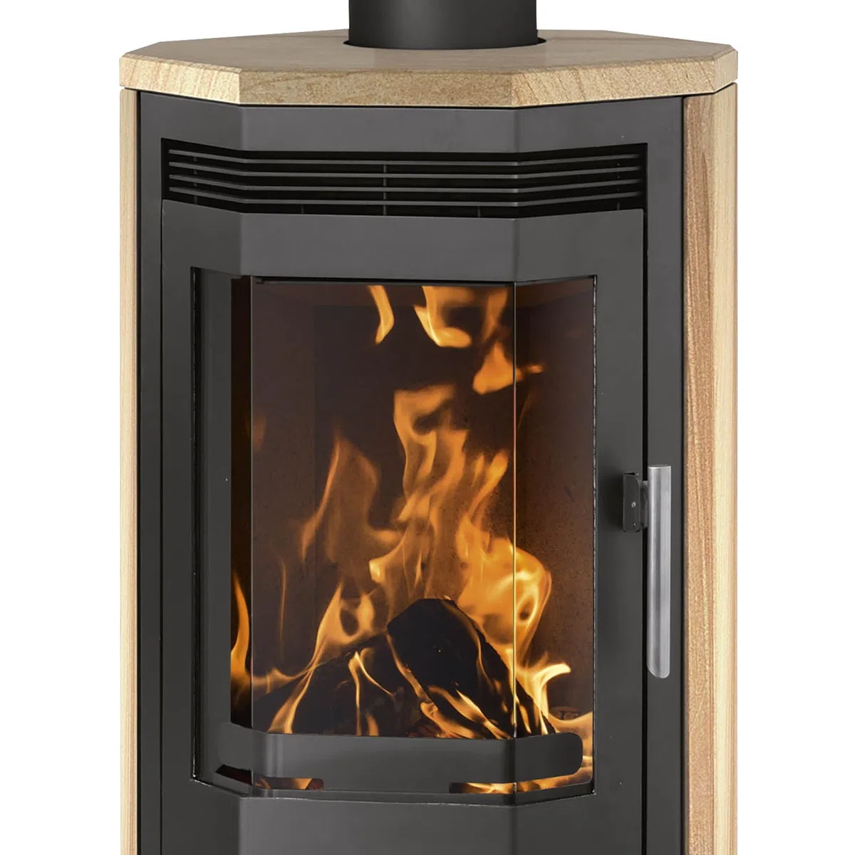 Justus Usedom 5 Kaminofen Stahl Schwarz mit Sandsteinverkleidung 5,5 kW Nennleistung Prismaglas Scheibenspülung Holzfach Bauart 1 Rauchrohr 150 mm